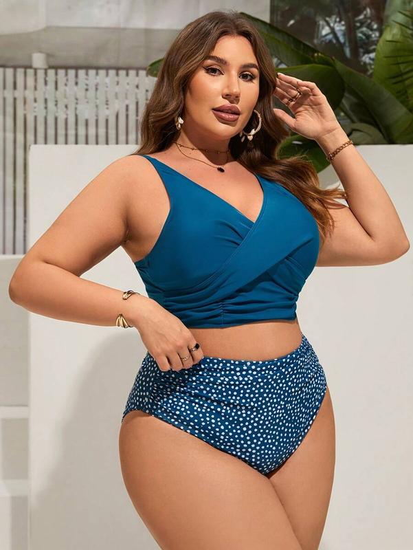 Plus Size Women Solid Color Cross Strap Tank Top With Polka Dot Ruched Bikini Bottom Set For Vacation,Summer Beach