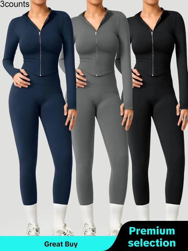 Sporty Two-Piece Set Women's Solid Color Zip Up Mock Neck Jacket & High Waist Leggings, Sporty Thumb Hole Long Sleeve Outerwear & Skinny Pants Set for Yoga Gym Workout, Ladies Sportswear for Fall & Winter