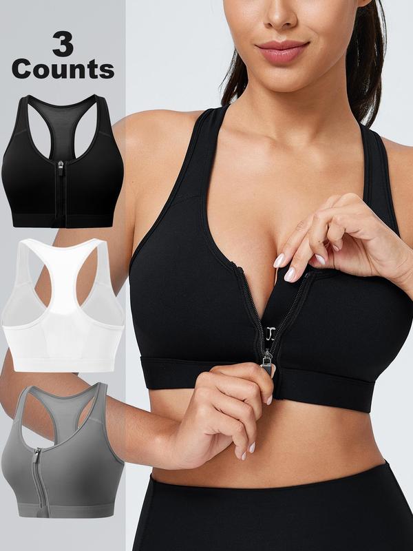 Women's Solid Zip Front Sports Bra, Breathable Comfortable Removable Chest Pads Wireless Sports Bra, Ladies Sportswear for Workout Fitness Running