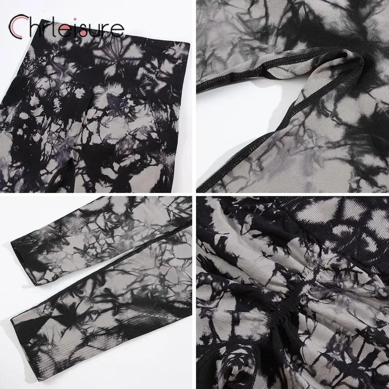 CHRLEISURE Yoga Set Women Seamless Tie Dye Fashion Push Up Bra Set Printing Aesthetic Fitness Gym High Waist Female Pants Set