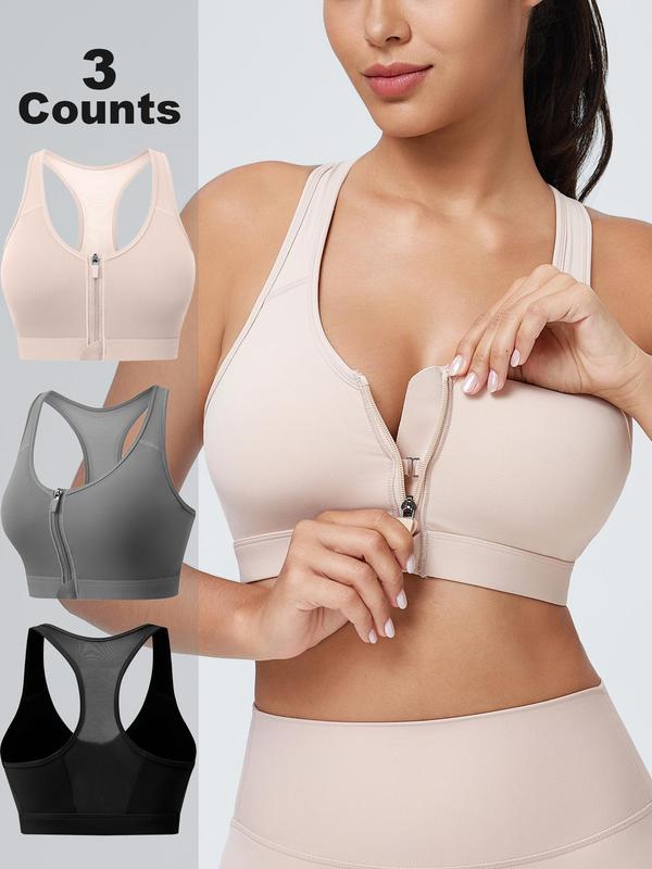 Women's Solid Zip Front Sports Bra, Breathable Comfortable Removable Chest Pads Wireless Sports Bra, Ladies Sportswear for Workout Fitness Running