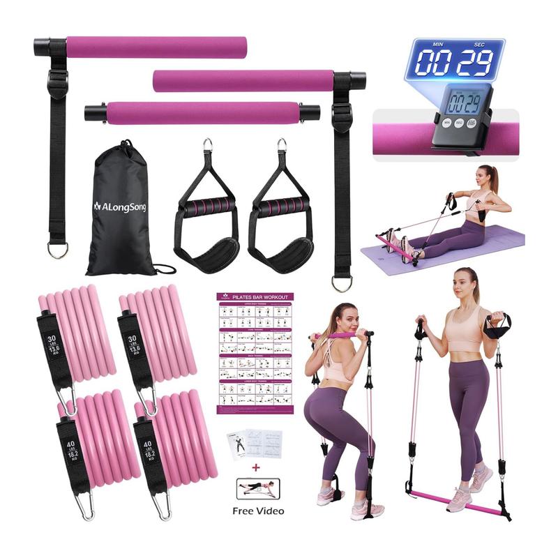 ALongSong Pilates Bar Kit with Resistance Bands, Portable Home Workout Equipment with Timer for Full Body Exercise Fitness Equipment Yoga Pilates Bar Kit for Men Women