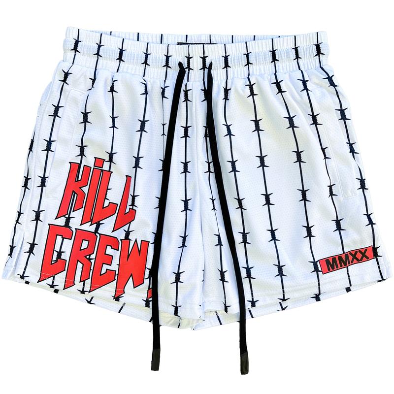 [Kill Crew] Muay Thai Shorts Barbwire - White   Red, Unisex, Mid Thigh Cut, Pockets, Gym Shorts, Elastic Waistband, Long drawcord with wax tips