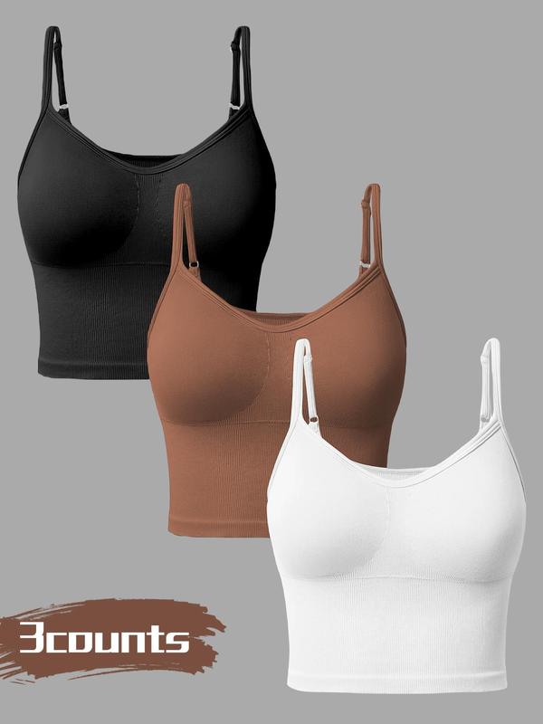 Women's Solid Ribbed Scoop Neck Wireless Sports Bra, Adjustable Spaghetti Strap Crop Sports Cami Top for Yoga Gym Workout, Ladies Sportswear Clothing for Indoor Outdoor Wear