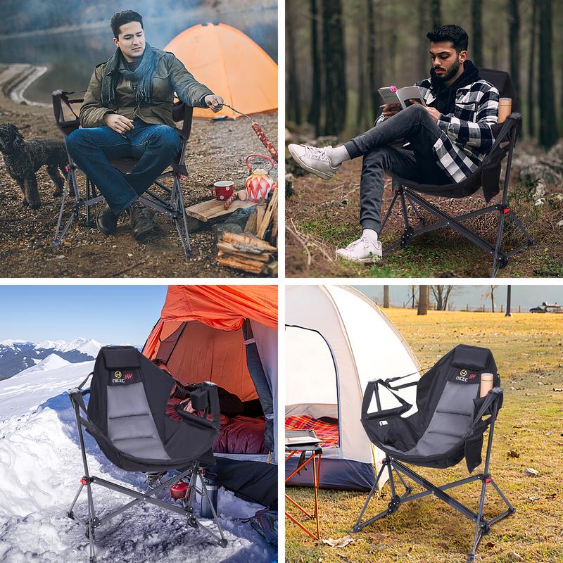 Comfort Heated Hammock Camping Chair with Folding Rocking Stand, High Back Support, Cup Holder, Side Pocket, and Heavy Duty