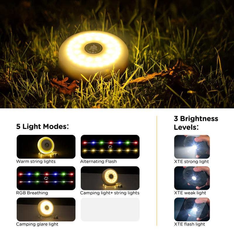 Camping String Lights, 4 in 1 USB Rechargeable Outdoor String light with 8 Lighting Modes for Camping, Hiking, Holiday Christmas Decoration