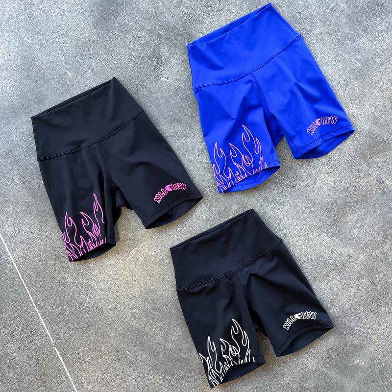 [Kill Crew] Scrunch Biker Shorts Flames - Black   White, Womens Compression Gym Shorts, XXS-3XL