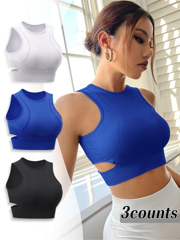 Women's Solid Cut Out Sports Bra, Breathable Comfortable High Stretch Sports Bra with Removable Chest Pad, Ladies Sportswear for Indoor Outdoor Wear