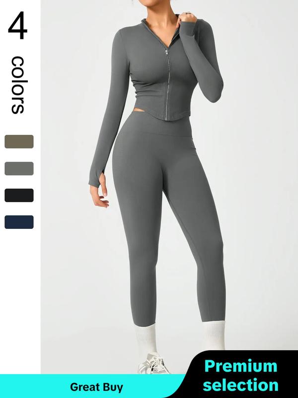 Sporty Two-Piece Set Women's Solid Color Zip Up Mock Neck Jacket & High Waist Leggings, Sporty Thumb Hole Long Sleeve Outerwear & Skinny Pants Set for Yoga Gym Workout, Ladies Sportswear for Fall & Winter