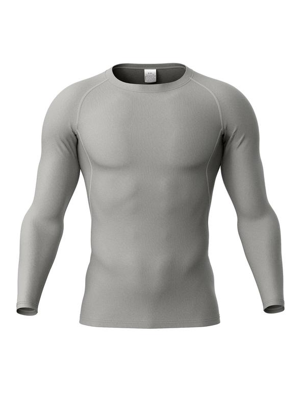 Men's Solid Color Round Neck Sports Tee, Quick Drying Breathable Long Sleeve Compression T-shirt for Running Basketball Football Training, Men's Sportswear for Spring & Fall