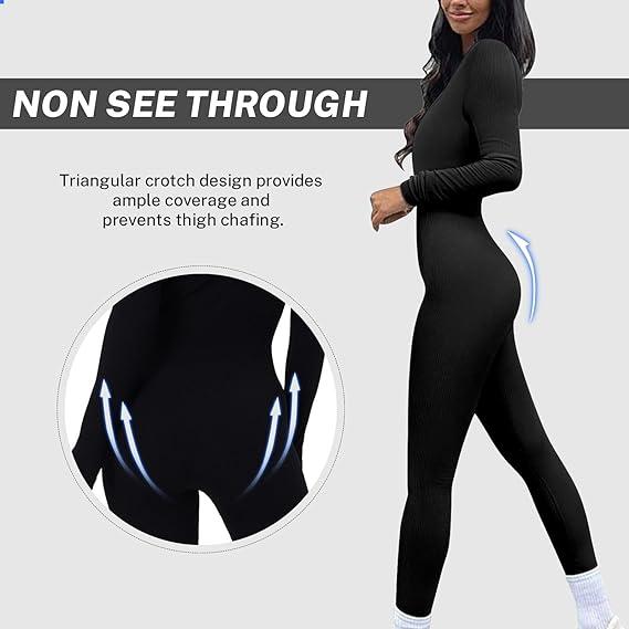 Women's Ribbed Jumpsuit for Yoga and Workout, Nylon Spandex Long Sleeve One Piece Leggings Romper - Comfortable and Breathable - Womenswear