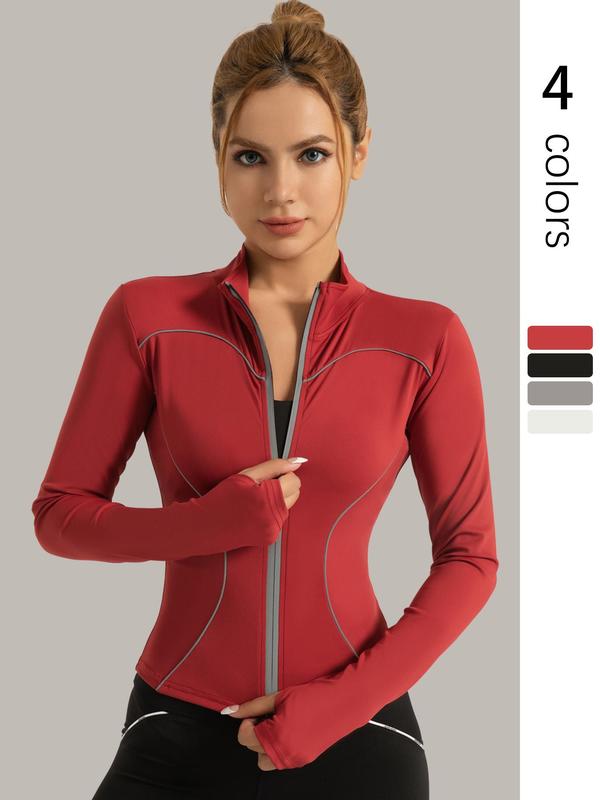 Women's Solid Zip Up Sports Jackets, Sporty Long Sleeve Stand Collar Outerwear for Yoga Gym Workout, Ladies Sportswear for All Seasons