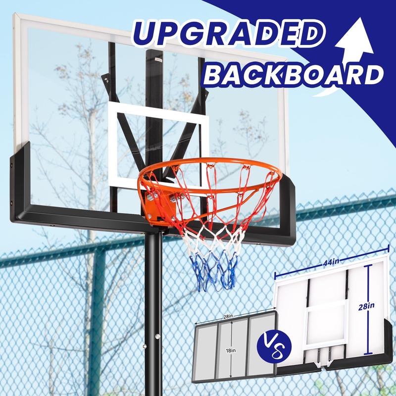 Portable Basketball Hoop with 44in Shatterproof Backboard, 4.4-10ft 12-Level Height Adjustable Basketball Hoops Stand System for Kids Adults in Outdoor Indoor, with Premium PC Backboard