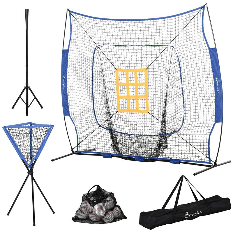 Soozier Baseball Practice Net Set with 7.5x7ft Catcher Net, Ball Caddy and Batting Tee, Portable Baseball Practice Equipment with Carry Bag for Hitting, Pitching, Batting, Catching