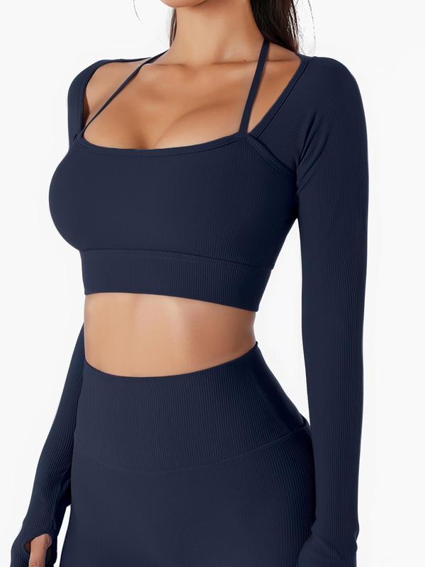 Women's Solid 2 in 1 Square Neck Crop Sports T-shirt, Sporty Long Sleeve Ribbed Cropped Top for Yoga Gym Workout Running, Ladies Sportswear for All Seasons, Fall Clothes 2024