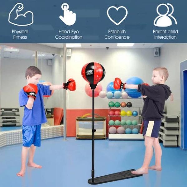 Costway Kids Punching Bag w Adjustable Stand Boxing Gloves Boxing Set, Red