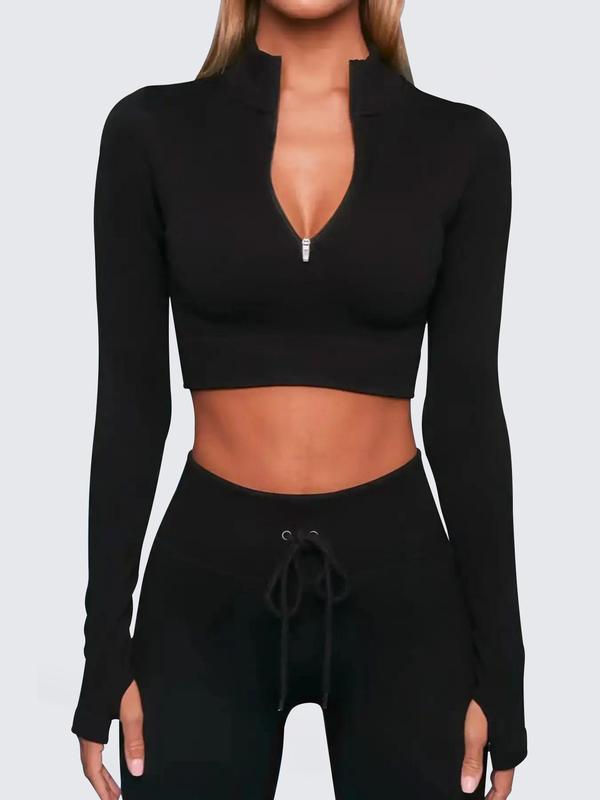 Two-Piece Set Women's Solid Half Zipper Tracksuit Set, Long Sleeve Crop Top & Drawstring High Waist Skinny Pants, Sportswear Clothing for Indoor Outdoor Wear