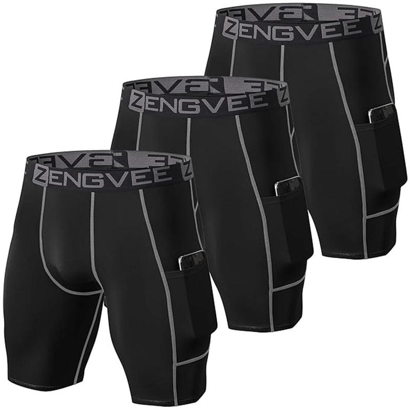 Men'S 3-Piece Compression Shorts With Pockets For Running, suitness, And Training Sports Basic Underwear