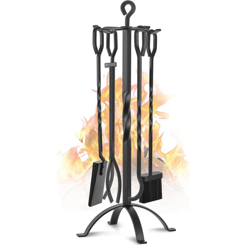 Fireplace Tools Set 5 count 32 Inch Modern Black Wrought Iron Large Fire Tool Set for Outdoor Indoor Include Chimney , Tongs, Shovel, Brush and Stand Accessories Set