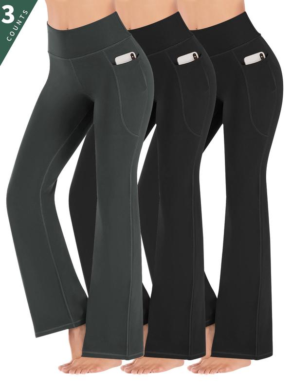 Women's 3pcs High Waist Pocket Flare Leg Leggings, Casual Comfy High Stretch Seamless Yoga Leggings, Ladies Sportswear Clothing for Indoor Outdoor Wear, Tummy Control