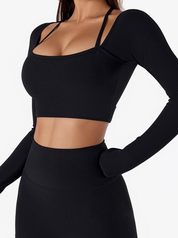 Women's Solid 2 in 1 Square Neck Crop Sports T-shirt, Sporty Long Sleeve Ribbed Cropped Top for Yoga Gym Workout Running, Ladies Sportswear for All Seasons, Fall Clothes 2024