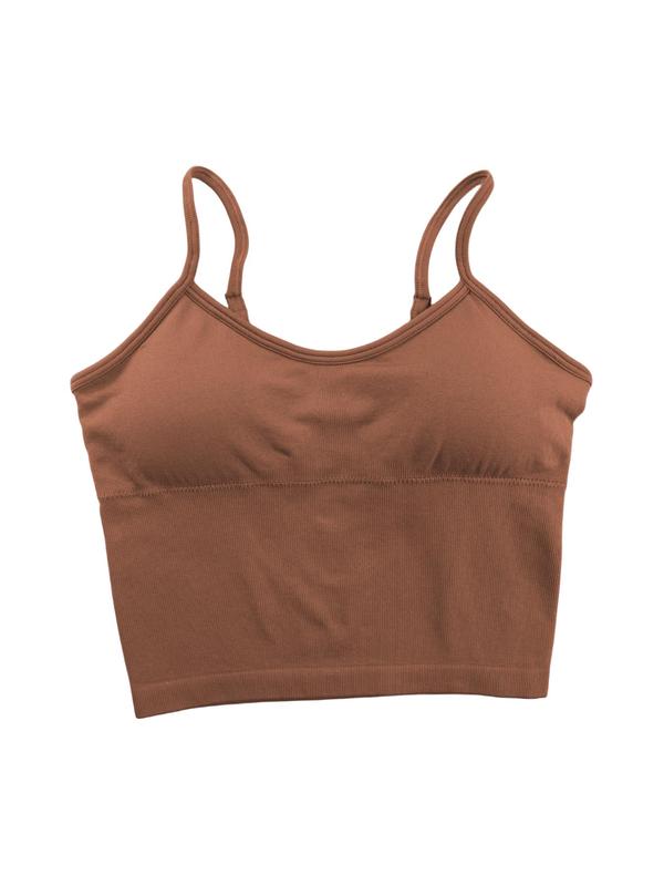 Women's Solid Ribbed Scoop Neck Wireless Sports Bra, Adjustable Spaghetti Strap Crop Sports Cami Top for Yoga Gym Workout, Ladies Sportswear Clothing for Indoor Outdoor Wear