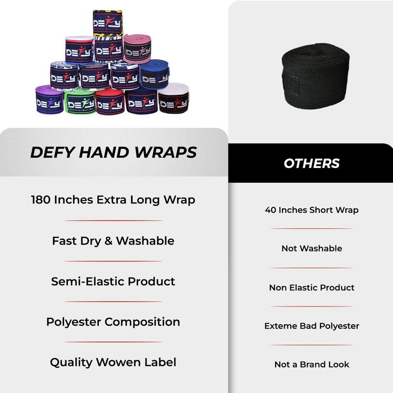 DEFY Professional 180 Inch Hand Wraps for Boxing Muay Thai MMA Elastic Bandages for Men & Women -Pair