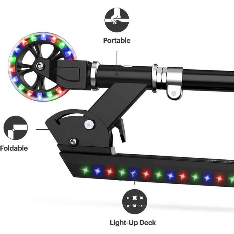 2-Wheel Light-Up Kick Scooter, Light Up Deck and Wheels, Height Adjustable Handlebar, Rear Brake, Easy-Folding Mechanism, 4 or 6 inch wheels