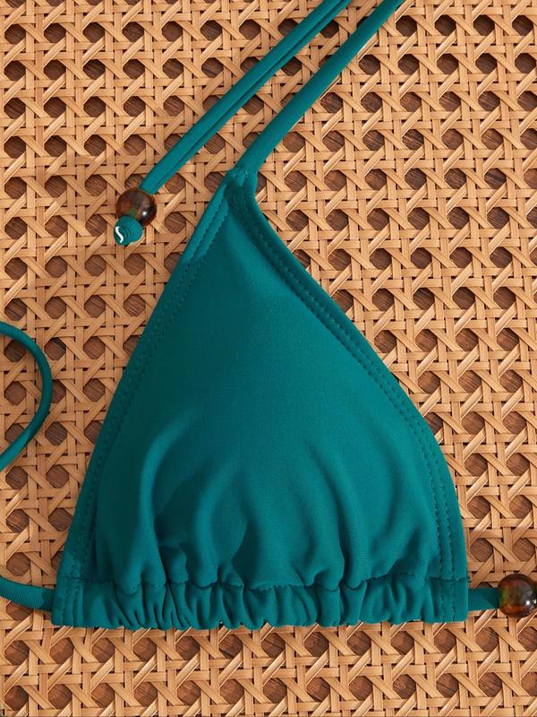 Women's Solid Beaded Halter Neck Triangle Swim Bra & Tie Side Swim Bottom Bikini Set, Casual Fashion Chic Swimwear Set for Beach Holiday Vacation, Ladies Summer Clothes