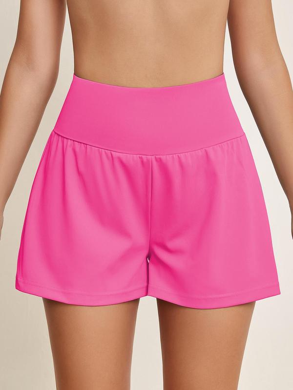 Women's 2 in 1 High Waist Sports Gym Shorts, Solid Color Wide Waistband Pocket Design Shorts, Back To School Outfits, Ladies Sportswear for Indoor Outdoor Wear, Gym Shorts