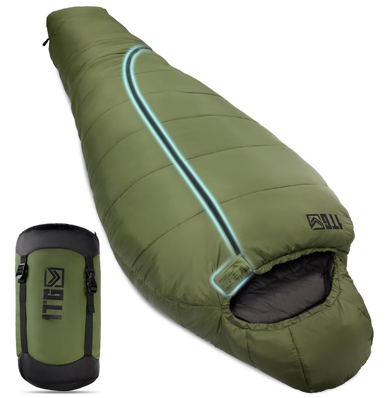 1TG Tactical Mummy Sleeping Bag, 26-36℉ All Season Camping Sleeping Bag for Adults Cold Weather with Adjustable Hood, Phone Pocket for Hiking, Traveling, and Outdoor Activities