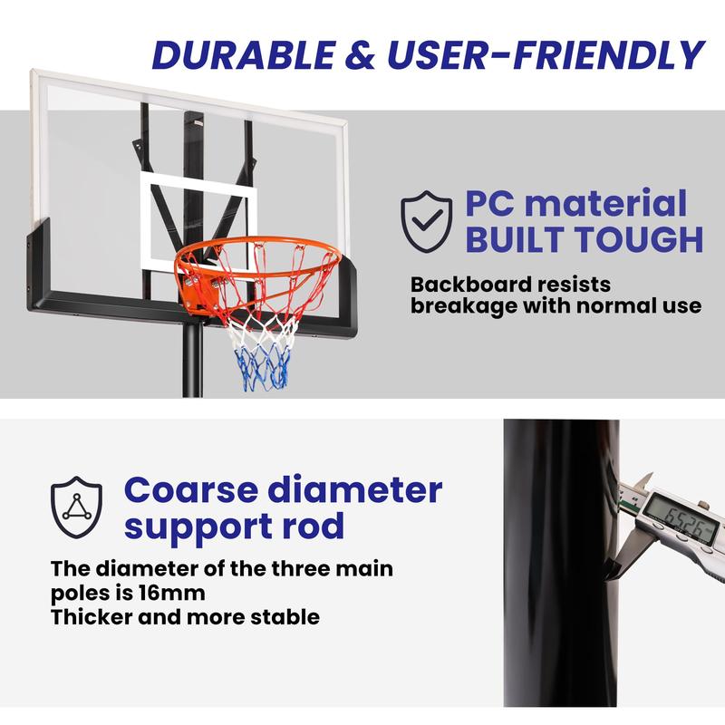 Portable Basketball Hoop with 44in Shatterproof Backboard, 4.4-10ft 12-Level Height Adjustable Basketball Hoops Stand System for Kids Adults in Outdoor Indoor, with Premium PC Backboard