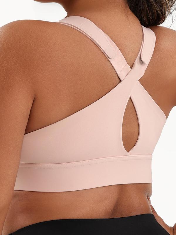  Criss Cross Zipper Front Sports Bra, Solid Adjustable Strap Wireless Sports Bra, High Stretch Yoga Bra, Women's Sport & Outdoor Clothing for Indoor Outdoor Wear