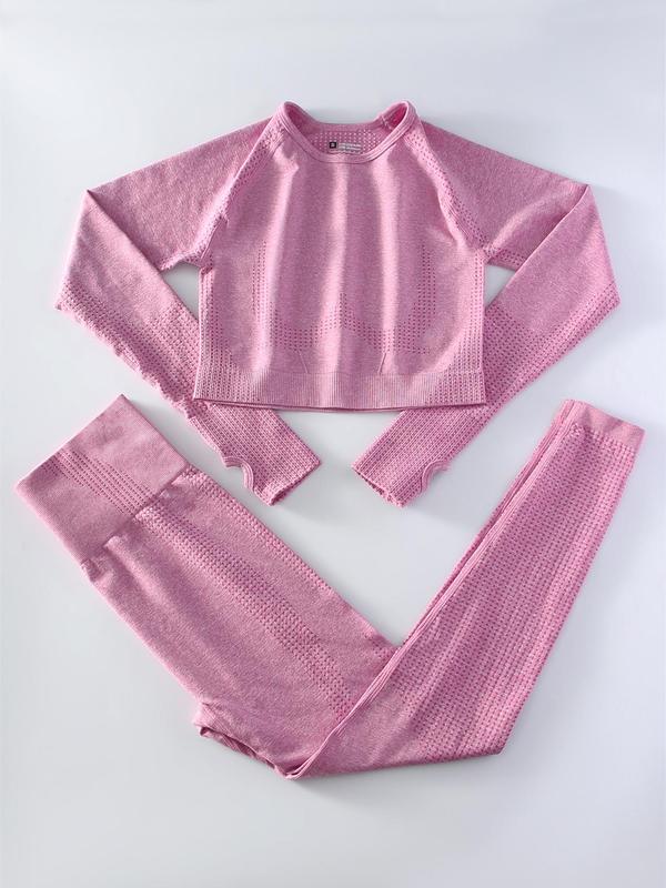 Women's Solid Raglan Sleeve Thumb Hole Design Crop Top & High Waist Leggings Tracksuit Set, Sporty Breathable Comfy Outfits for Yoga Gym Workout Running, Ladies Spring & Fall Clothes
