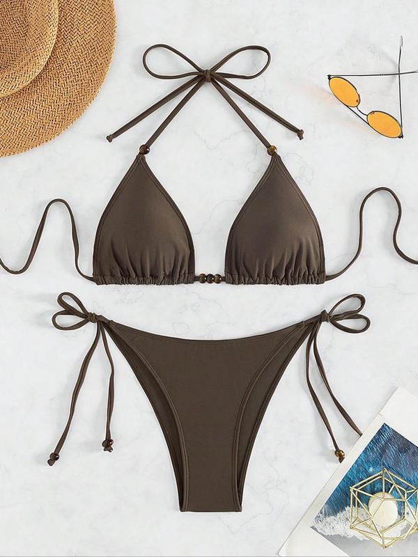 Women's Solid Beaded Halter Neck Triangle Swim Bra & Tie Side Swim Bottom Bikini Set, Casual Fashion Chic Swimwear Set for Beach Holiday Vacation, Ladies Summer Clothes
