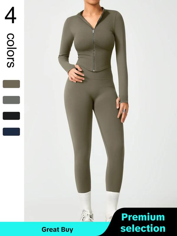 Sporty Two-Piece Set Women's Solid Color Zip Up Mock Neck Jacket & High Waist Leggings, Sporty Thumb Hole Long Sleeve Outerwear & Skinny Pants Set for Yoga Gym Workout, Ladies Sportswear for Fall & Winter