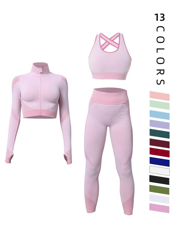 3 Pieces Women's Colorblock Zip Up Crop Jacket & High Waist Ribbed Leggings & Bra Shapewear Set for Fall, Breathable Quick Drying Bodycon Shapewear Set for Outdoor Daily Wear, Back To School Shapewear Sets, Gym Clothes Women, Body Shapewear