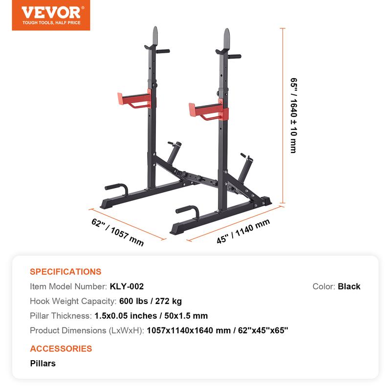 VEVOR Squat Stand Power Rack, Multi-Functional Barbell Rack with Hook, Weight Plate Storage Attachment, Adjustable Free Bench Press Stands, Max Load 600 Lbs Steel Exercise Squat Stand for Gym Home Gym