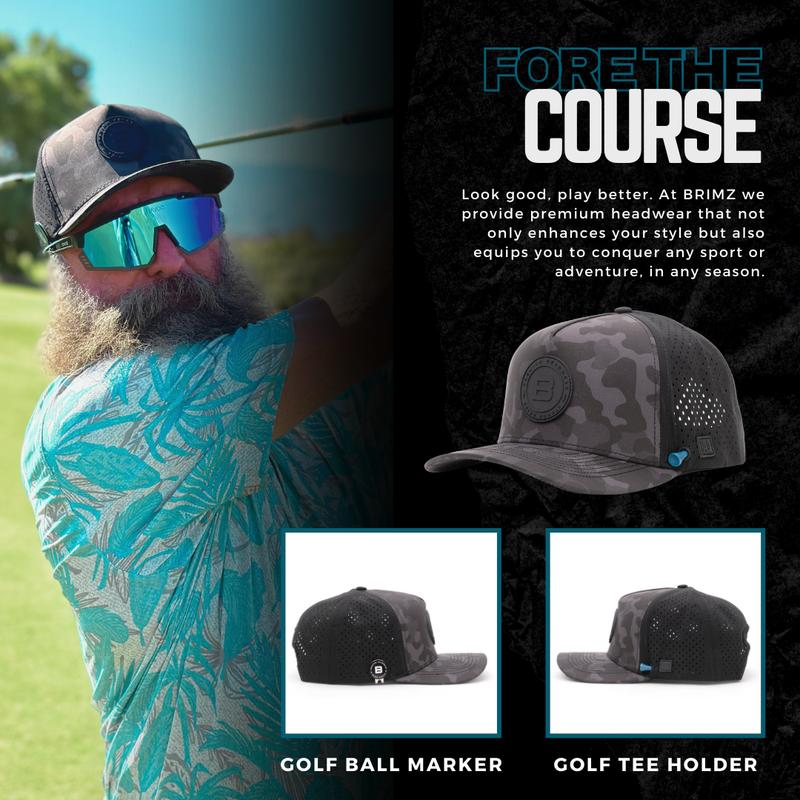 BRIMZ Golf Performance Hat - Breathable Sweat & Water Resistant Golfing Snapback Cap with Tee Holder & Magnetic Ball Marker (Dark Camo)