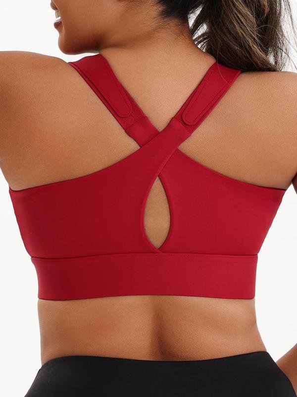  Criss Cross Zipper Front Sports Bra, Solid Adjustable Strap Wireless Sports Bra, High Stretch Yoga Bra, Women's Sport & Outdoor Clothing for Indoor Outdoor Wear