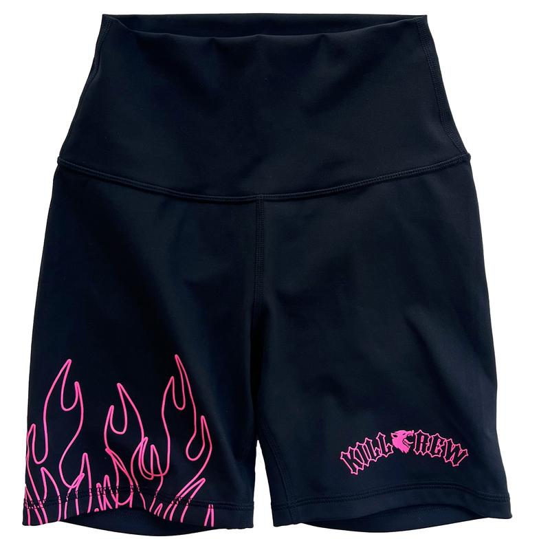 [Kill Crew] Scrunch Biker Shorts Flames - Black   White, Womens Compression Gym Shorts, XXS-3XL