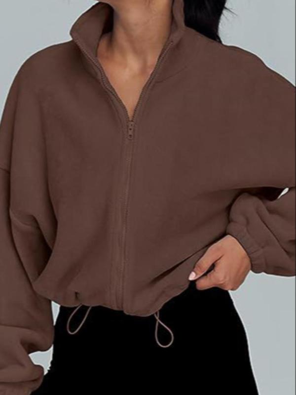 Sporty Women's Solid Color Drawstring Zip Up Sports Jacket, Sport Stand Collar Drop Shoulder Outerwear for Fall & Winter, Ladies Sportswear for Indoor Outdoor Wear, Winter Coats
