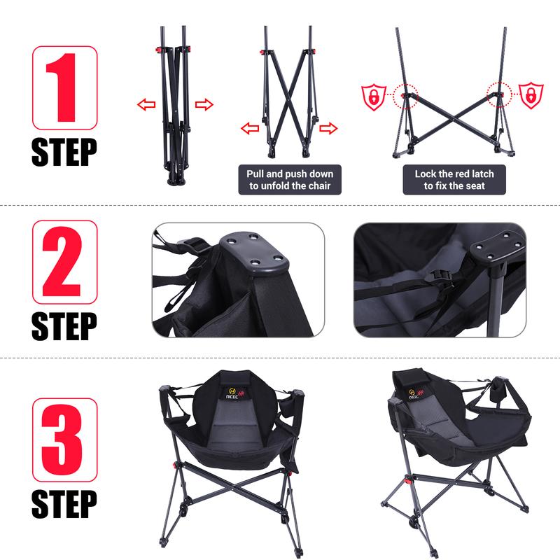 Comfort Heated Hammock Camping Chair with Folding Rocking Stand, High Back Support, Cup Holder, Side Pocket, and Heavy Duty