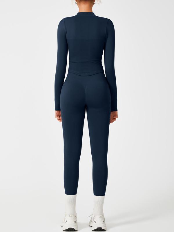 Sporty Two-Piece Set Women's Solid Color Zip Up Mock Neck Jacket & High Waist Leggings, Sporty Thumb Hole Long Sleeve Outerwear & Skinny Pants Set for Yoga Gym Workout, Ladies Sportswear for Fall & Winter