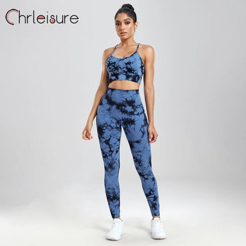 CHRLEISURE Yoga Set Women Seamless Tie Dye Fashion Push Up Bra Set Printing Aesthetic Fitness Gym High Waist Female Pants Set