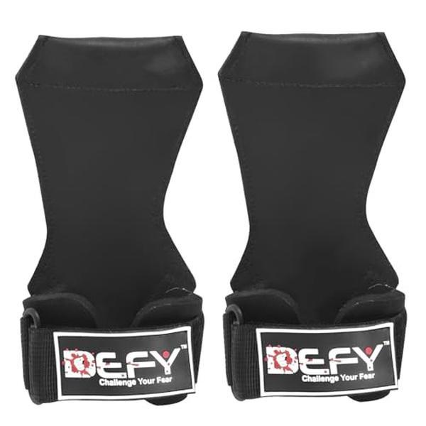 DEFY Weight Lifting Grips for Powerlifting – Anti-Slip Neoprene Gym Grips with Padded Wrist Straps – Lifting Straps for Deadlifts, Cross Training, Gymnastics & Pull Ups (Small)