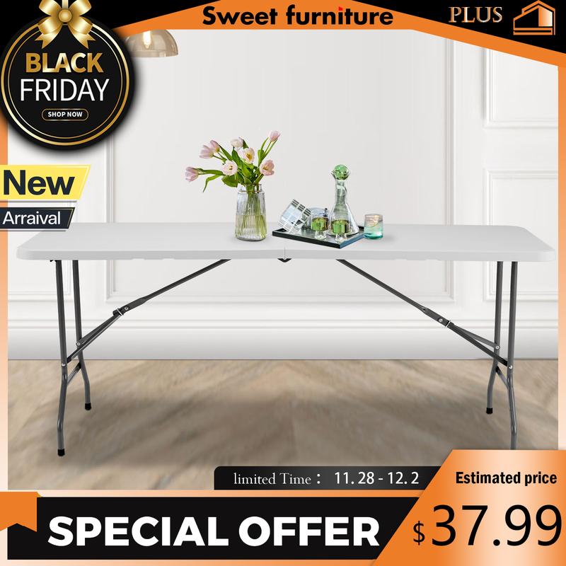 Sweet Furniture Plus 4 6 8FT Folding Table Outdoor Indoor Heavy Duty Portable Table with Carrying Handle for Camping Picnic Party