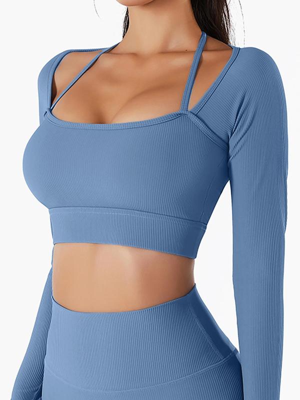 Women's Solid 2 in 1 Square Neck Crop Sports T-shirt, Sporty Long Sleeve Ribbed Cropped Top for Yoga Gym Workout Running, Ladies Sportswear for All Seasons, Fall Clothes 2024