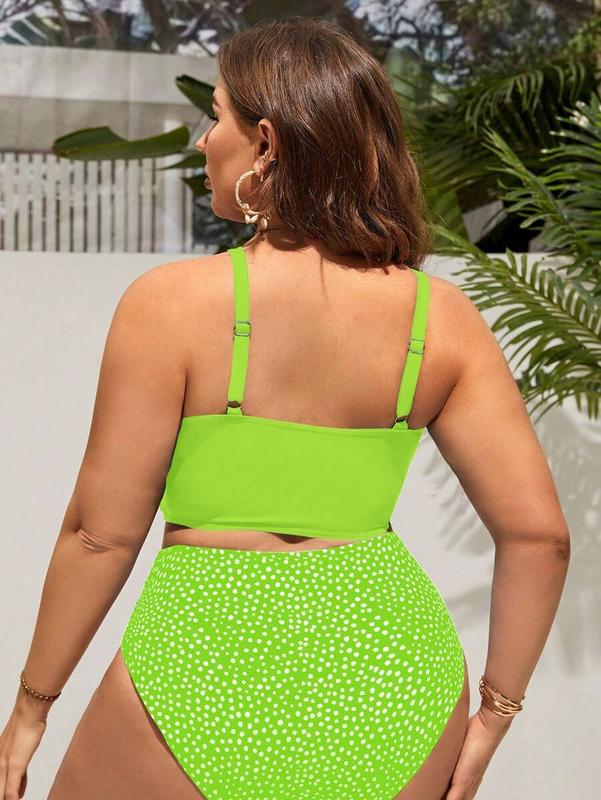 Plus Size Women Solid Color Cross Strap Tank Top With Polka Dot Ruched Bikini Bottom Set For Vacation,Summer Beach