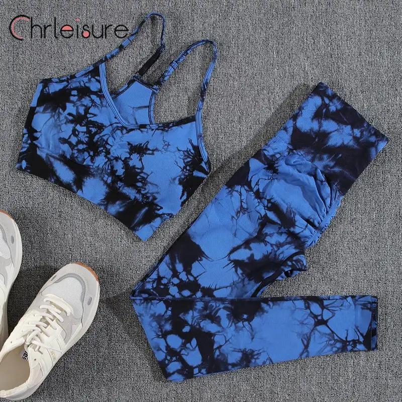 CHRLEISURE Yoga Set Women Seamless Tie Dye Fashion Push Up Bra Set Printing Aesthetic Fitness Gym High Waist Female Pants Set